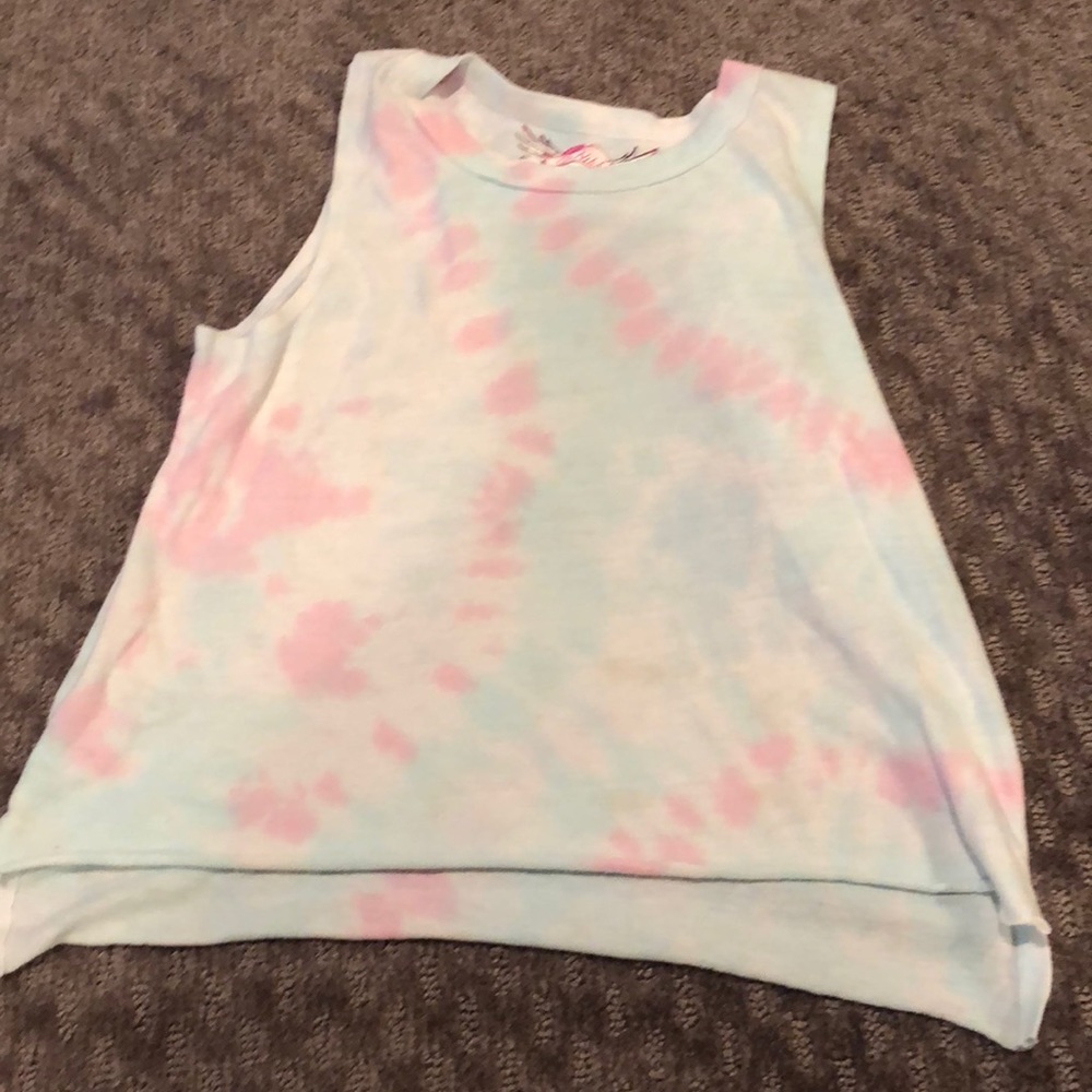 SO NIKKI blue pink and white tie dye muscle tee